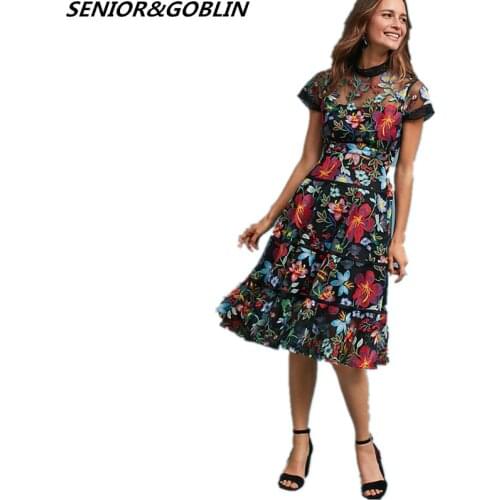 Newest 2020 High Quality Runway Designer Self Portrait Dress Women Mesh Flowers Embroidery Colorful Long dress party dresses