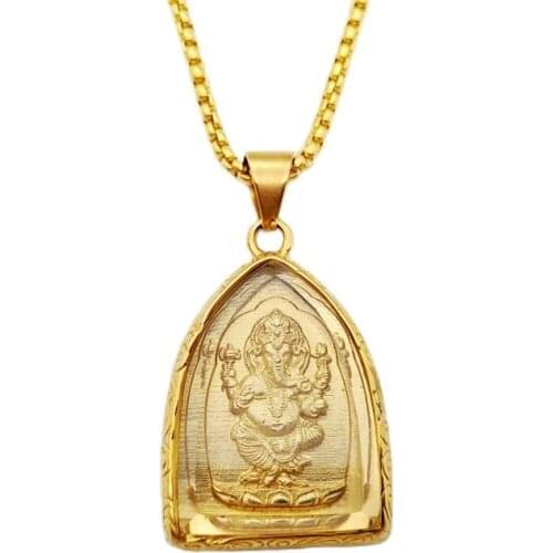 2020 New Gold color Stainless steel Ganesha pendant necklace Glass Cover Wisdom wealth amulet Ganesha elephant hip hop necklace