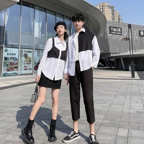 【 2142】The new independent design splicing collegiate style couple outfit couples clothes couples clothing