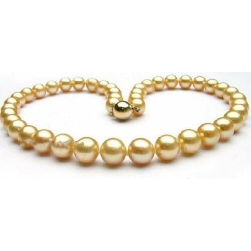 AAAA 9-10mm Natural Real Round South Sea Golden Pearl Necklace 18" 36" yellow Clasp