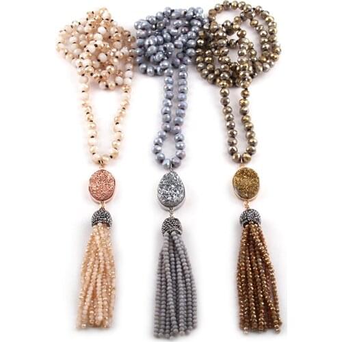 Free Shipping Bohemian Tribal Jewelry Glass Crystal long Knotted Druzy Link Crystal Tassel Necklace 3 Color