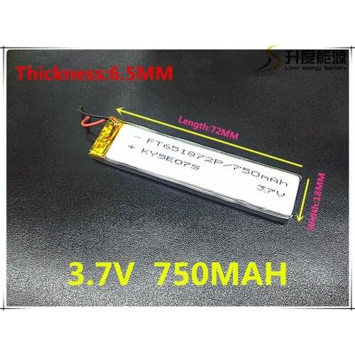 Free shipping! 3.7V 750mah 651872 Polymer Lithium Li-Po Rechargeable Battery For GPS DVD PAD e-book tablet pc power bank
