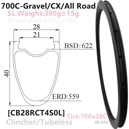 [CB28RCT40SL-700C] Ultralight 395g 28mm wide 40mm Depth 700C Carbon Fiber Road Rims Clincher Tubeless compatible carbon wheels