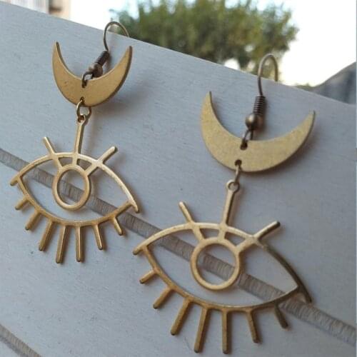 BOHO Moon & Evil Eye Bronze Long Earrings Witchy Magic Half of Horus Punk Egyptian Hippie Jewelry Fashion Gift Earrings Drop New