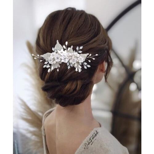 HP338 Silver Luxurious Bride Hair Comb with Soft Clay Flower and Milk Rhinestone Wedding Girl Hair Accessories Wholesale
