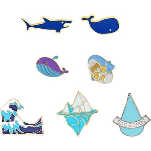 Go Surfing! Enamel Pins Blue Wave Iceberg Whale Shark Brooch Badge Denim Shirt Lapel Pin Cartoon Funny Jewelry Gift for Kids