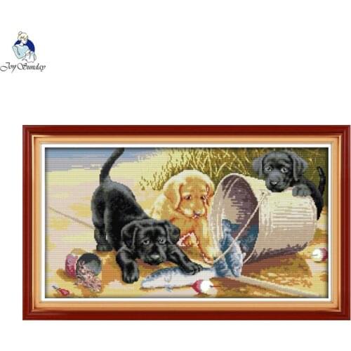Joy Sunday Three dogs 4 Counted DIY Hand Cross Stitch 11CT 14CT DMC Printed Cloth for Embroidery set Home Decor Needlework