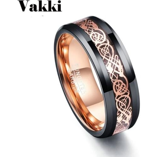 VAKKI 8mm width 100% genuine wedding band tungsten carbide rings Black rose gold tungsten steel ring with rose gold dragon