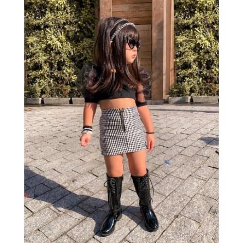 Little Girls Outfit 2Pcs Summer Breathable Toddlers Solid Color Puff Sleeve Round Collar Short Top Plaid Pattern Mini Skirt Set