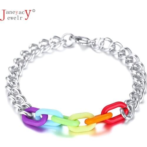 Fashion Simple Men Women Lobster Buckle Stainless Steel Gay Bracelet Acrylic Rainbow Ladies Bracelet Men Jewelry Gift Pulseira