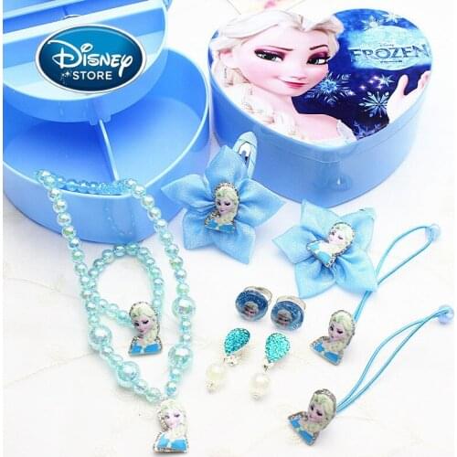 Disney Girl Hair Accessories Set Frozen Anna Elsa Princess Girl Hairpin Hair Rope Ring Headdress Necklace Earrings Gift Boxs
