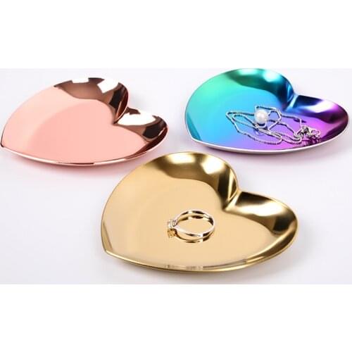 Nordic Stainless Steel Storage Tray Dish Jewelry Ring Organizer Bread Dessert Snack Plate Golden Heart Shaped Plate Home Decor