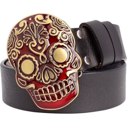 Fashion male belt Colorful skull buckle golden skull Belt men cowskin leather big brand style punk rock hip hop belt