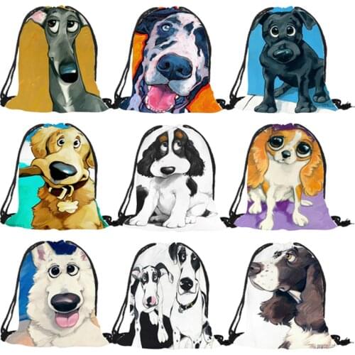Lovely Black Dog expression Prints boys girls Drawstring Backpack eco Polyester reusable Casual school class shoulder bags