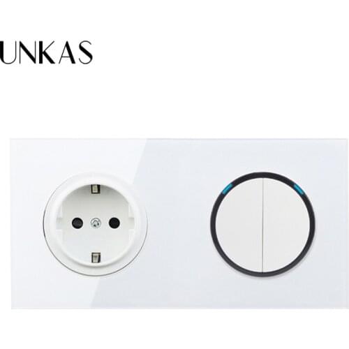 UNKAS EU Russia Standard Wall Power Socket + 1 Gang 1 Way On / Off Light Switch LED Indicator White Crystal Glass Panel 16A