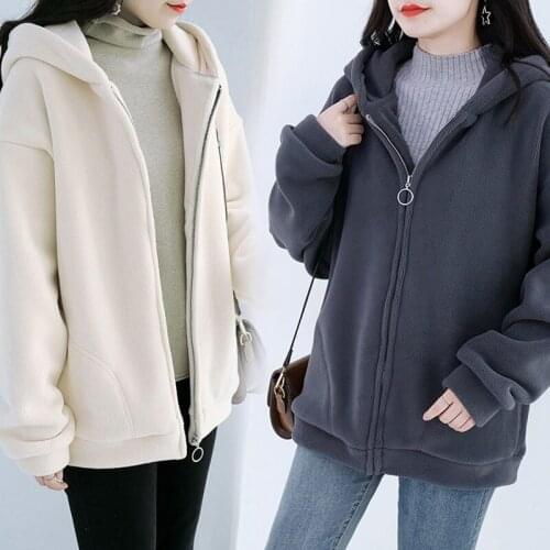 Womens Spring Autumn Thick Sweatshirt Coat 2021 New Solid Color Ziper Loose Plus Size Winter Fleece Jacket Female aq046