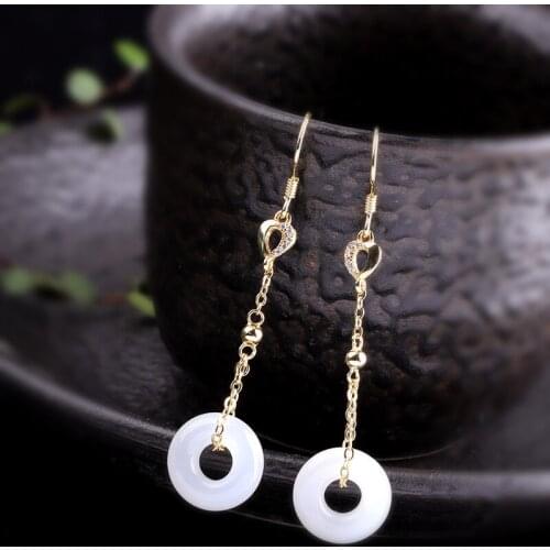2019 Original Natural Jade Long Drop Earrings For Women Golden Color Fashion 925 Sterling Silver Earrings Fine Jewelry Wedding