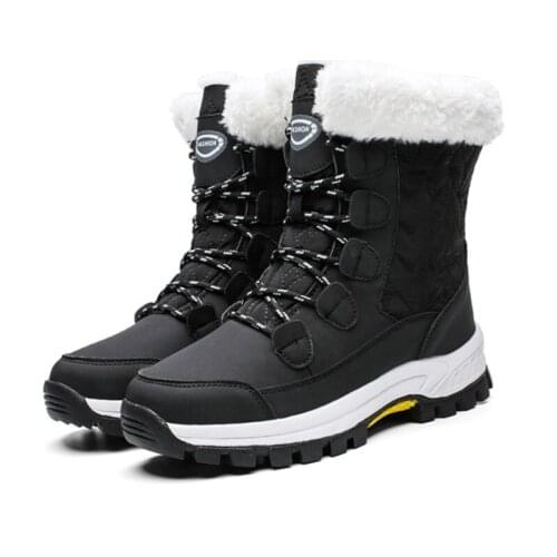 Women Winter Lace Up Fur Lined Waterproof Outdoor Warm Ankle Boots Snow Shoes Warm Windproof Cotton Shoes with Plush