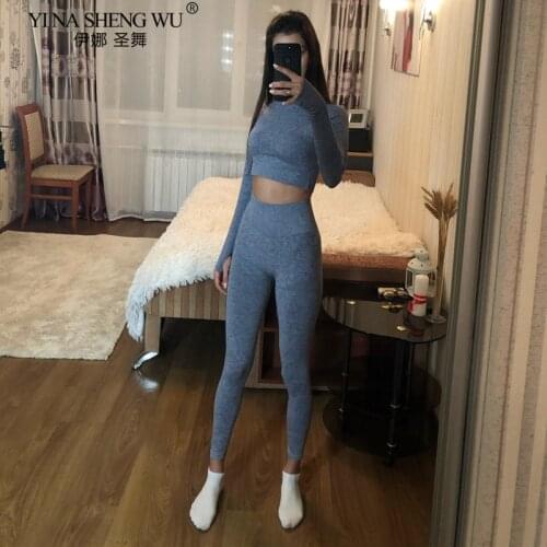 Women 2pcs Seamless Yoga Set Sport Gymwear Workout Clothes Sexy Long Sleeve Gym Crop Top High Waist Leggings Fitness Sports Wear