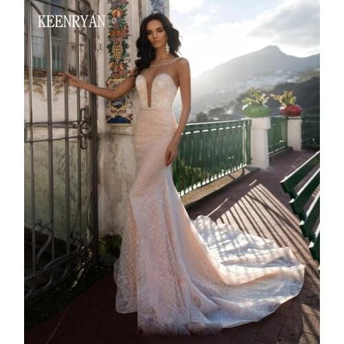 KEENRYAN Sexy Light Mermaid Wedding Dress 2020 Deep V neck Lace With Detachable Train Bride Gown Vestido de Noiva