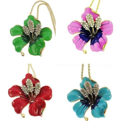 1 Pcs Delicate Colourful Enamel Crystal Flower Pendant Necklace Charm Beauty Jewelry Sweater chain Necklace For Women Girls