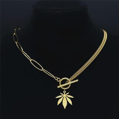 2021 Fashion Stainless Steel Maple Leaf Necklace Pendant Women Statement Necklace Gold Color Jewelry collar choker NXHLY136S05