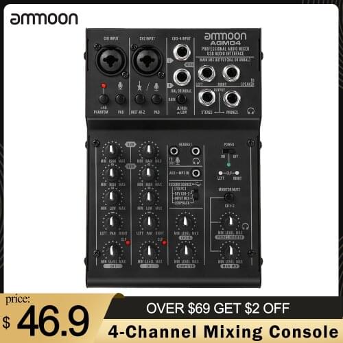 Ammoon AGM04 4-Channel Mini Mixing Console Digital Audio Mixer 2-band EQ Built-in 48V Phantom Power 5V USB Powered mixer audio