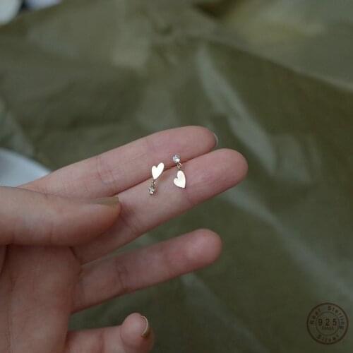 925 Sterling Silver Plating 14k Gold Simple Crystal Heart Asymmetrical Earrings Women Romantic Sweet Birthday Jewelry Gift