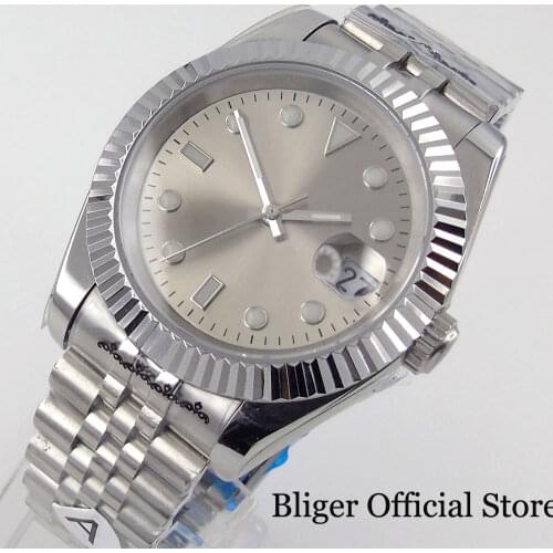 BLIGER Sunburst Grey Dial Automatic Men Watch 21 Jewels MIYOTA 8215 Fluted Bezel Jubilee Band Green luminous Hand