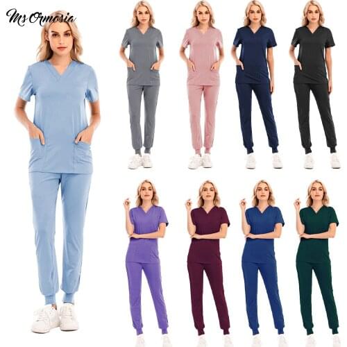 Hospital Uniform Set Wholesale Fashion Scrub Suits Solid Color Unisex Surgical Clothes Pocket V-neck Scrubs Set for Doctor Nurse