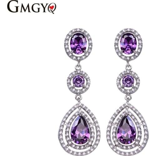 GMGYQ Zircons Mooie en Goede Kwaliteit Grote Paars AAA + Zirconia Kristallen Lange Oorbellen Voor Vrouwen Bruiloft