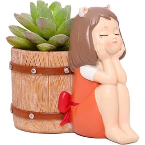 Lovely Girl Resin Planters, Succulent Planters with Drainage, Cactus Flower Plant Pot for Tabletop Decor
