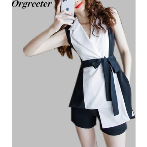 Summer New Two-piece Sets Women Temperament Notched collar Sleeveless Hit color Long Shirt Blouse and Shorts Professional Suits