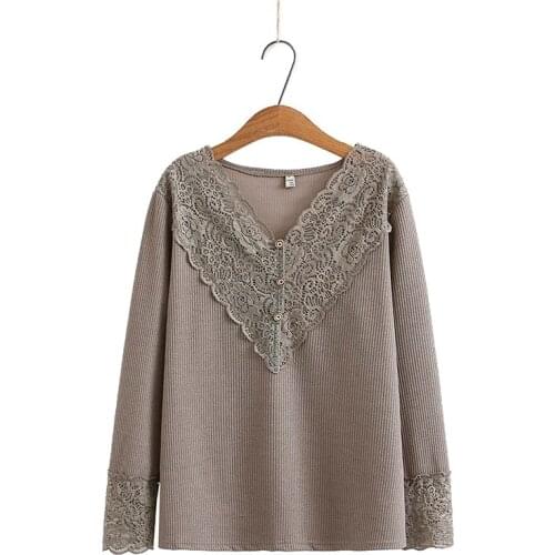 V Neck Lace Patchwork Casual Tops Women Pullover Knitwear Korean Style Kawaii Jumper Winter Casual Sweaters Tops Sale Plus Size