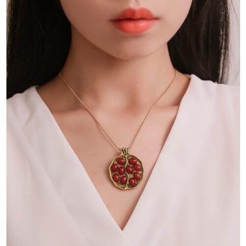 Fruit Pendant Necklace for Women Natural Stone Red Garnet Long Chain Necklace Charming Sweater Chain Pomegranate Mujer Collier