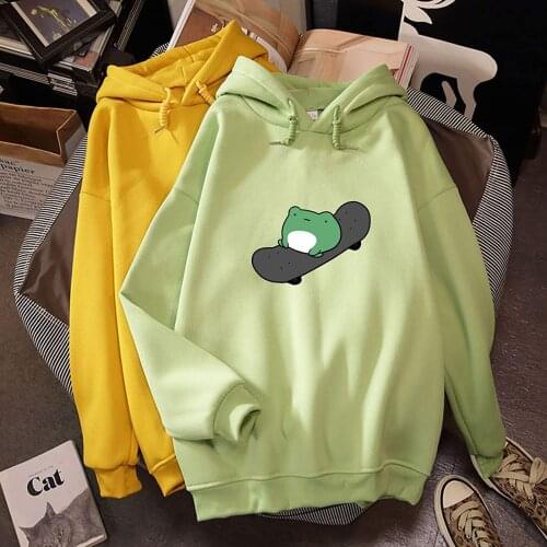 Lovers Cute Long Sleeve Sweatshirt Loose Cartoon Printing Tops Casual High Collar Pocket Frog Head Warm Hoodie Pullover Clothes