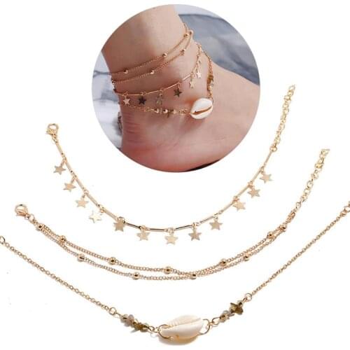 Coxeer 3Pcs/Lot Fashion Anklet Set Beach Style Star Shell Decor Foot Jewelry Foot Chain Jewelry Accessories For Beach Travel