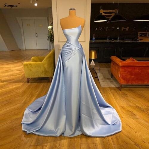 Sky Blue Mermaid Prom Dresses Long 2021 Sweep Train Pleat Satin Sleeveless Formal Evening Gown Vestido De Fiesta De Boda