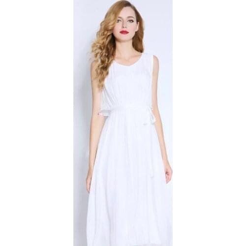 New Shell Pure Silk Dress Women Natural Fabric High Quality Flowing Elegant Solid White Beach Dress Summer Long Hot Selling