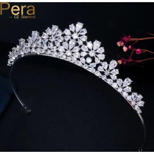 Pera Brilliant Flower Cubic Zirconia Crystal Elegant Princess Headdress Wedding Party Prom Crown Tiara Jewelry for Brides H016