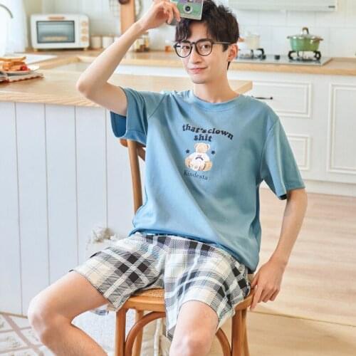 Summer Cotton Short Sleeve Cartoon Little Bear Print Man Pajamas Set Fashion Black Plaid Shorts Homewear Blue Big Size Sleepwear