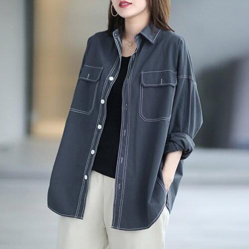 FairyNatural Ladies Casual Cotton Shirts Turn Down Collar Blouses 2021 Spring Button Loose Full Sleeve Tops Solid Color