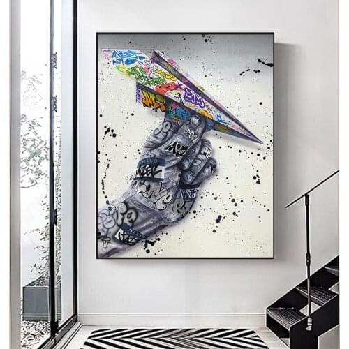 Street Graffiti Art Wall Paintings Canvas Prints Poster Paper Airplane with Hand Picture for Living Room Cuadros Home Decoration
