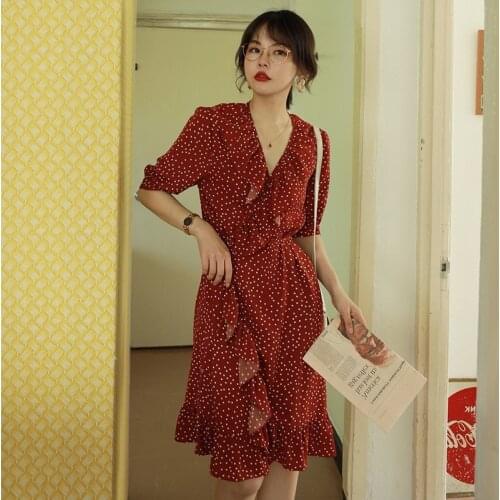 Summer vintage one piece polka dot print dress ruffles wrap knee-length dress v neck short sleeve vestidos