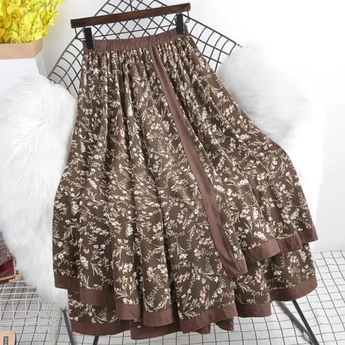 2021 New High Waist Thin Fake Two-Piece Retro Skirts Autumn Winter Women Print Floral Vintage Big Swing Skirts LJ3221