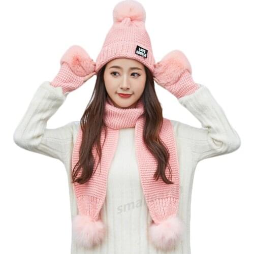Female Winter Warm Hat Beanies Thick Infinity Scarf Hat Gloves Set Girls Warm 3 Pieces Sets Winter Caps Scarf Gloves For Women