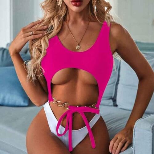 Women One Piece Swimsuit Leopard Chain Swimwear Beach Wear Monokini Cut-Out Backless Tie Dye Bathing Suit Bather 2021 New