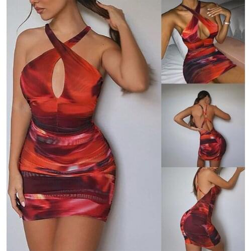 Tie-Dye Halter Dress for Women Summer Party Night Cross Up Backless Mini Dress Red
