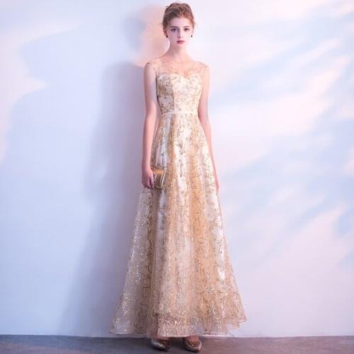 Golden Evening Dress 2019 New Fashion Illusion V-neck Shinning Glitter Formal Dresses a Line Floor Length Vestido De Festa