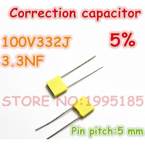 10pcs/lot correction Capacitor 100V332J 3N3 3.3NF 5% Metallized polyester film capacitor Pin pitch 5 mm